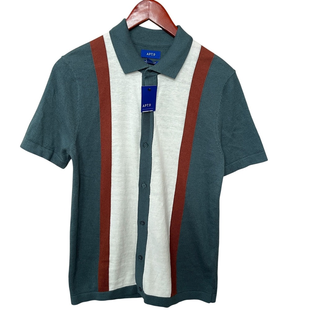 Apt 9 Mens Seriously Soft Knit Polo Shirt Teal Rust White Vertical Stripe Small